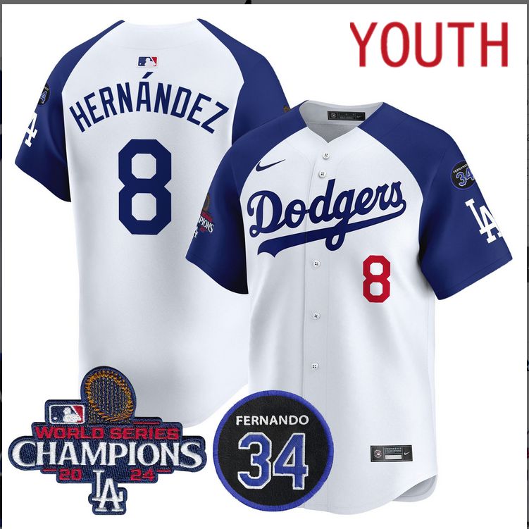 Youth  MLB Los Angeles Dodgers #8 Hernandez white 2024 World Series Champions Patch Limited Jersey